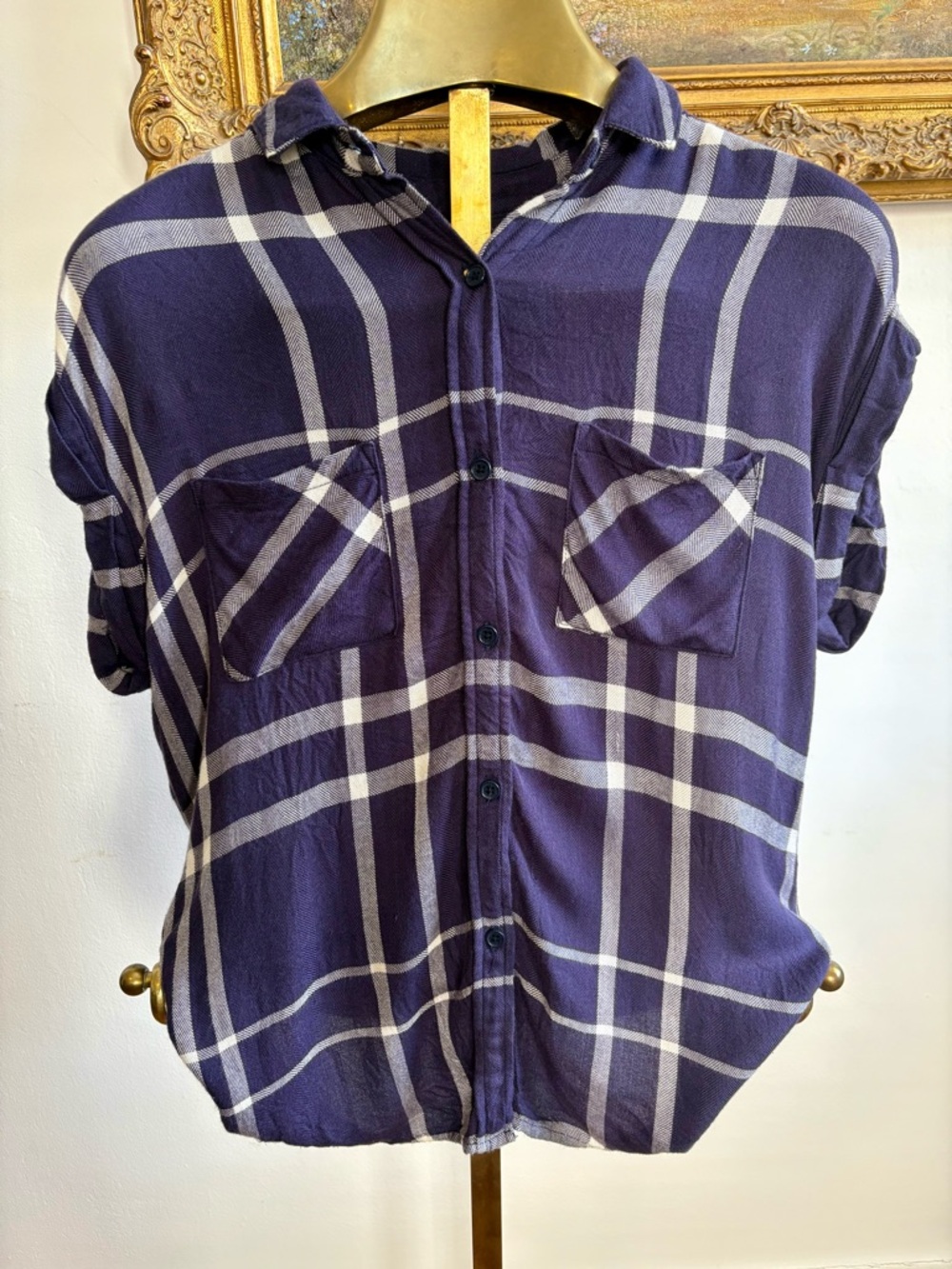Rails Women's Navy and White Plaid Button-Down Shirt XS